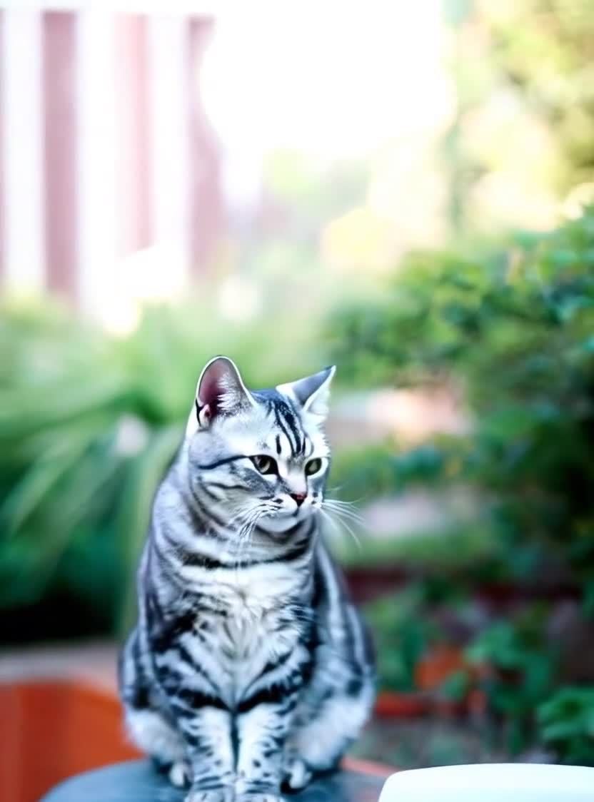 银虎斑猫专注凝视，配以绿色眼睛和条纹。
