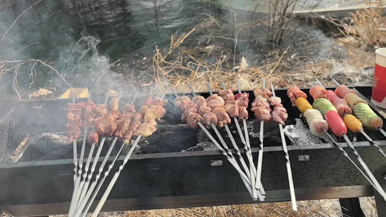 炭火烧烤，烤羊肉串，露营 6