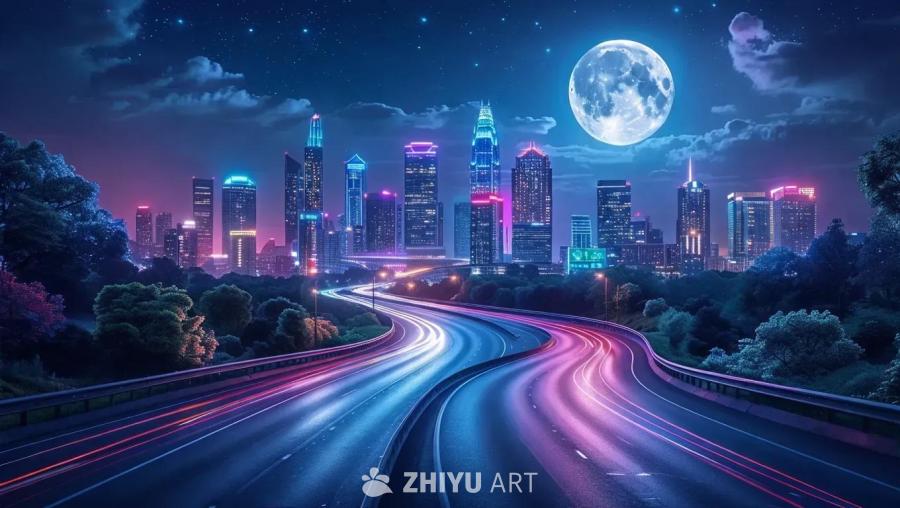 夜间，弯曲的道路穿过葱郁的绿地和高耸的摩天大楼。一