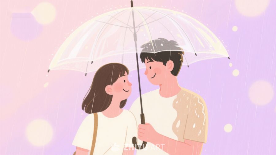 雨中共享透明伞的温馨时刻 624