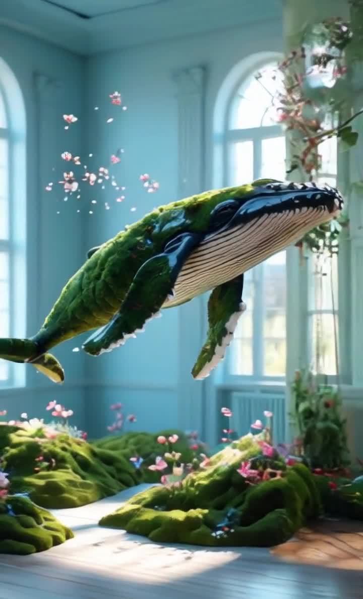 绿植鲸鱼梦幻场景：粉色花瓣与拱形窗户