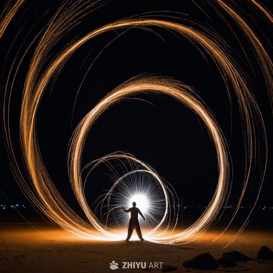 夜间，在摩洛哥，一个人站在光圈中间。此人位于场景的