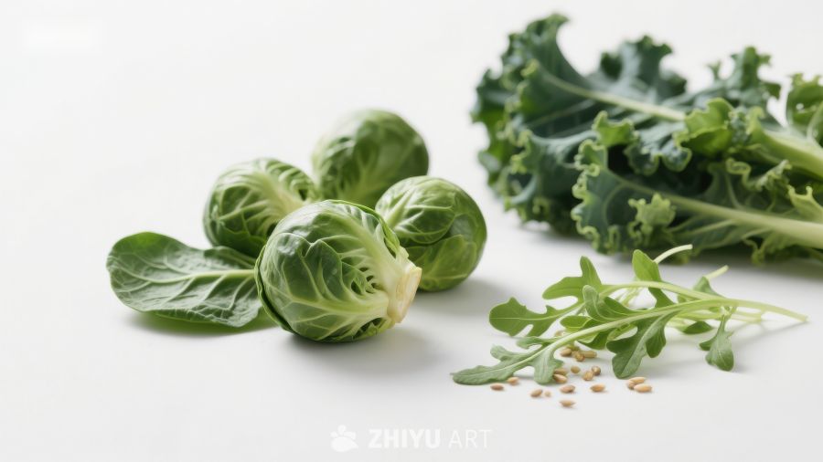 新鲜蔬菜组合：抱子甘蓝、羽衣甘蓝与芝麻菜
