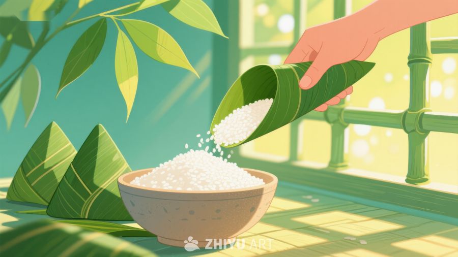 粽叶包裹糯米，传统美食制作 484
