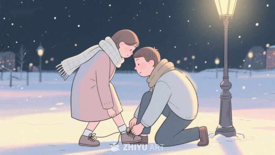冬夜街头，男子为女子系鞋带 171