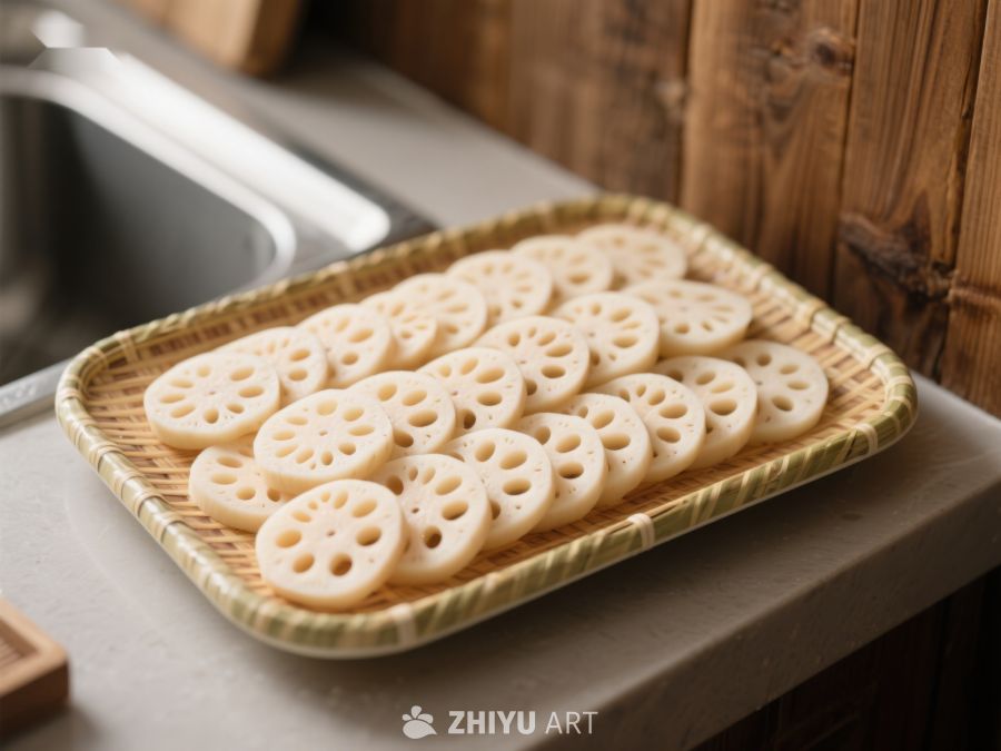 莲藕切片整齐摆放竹篮中 173