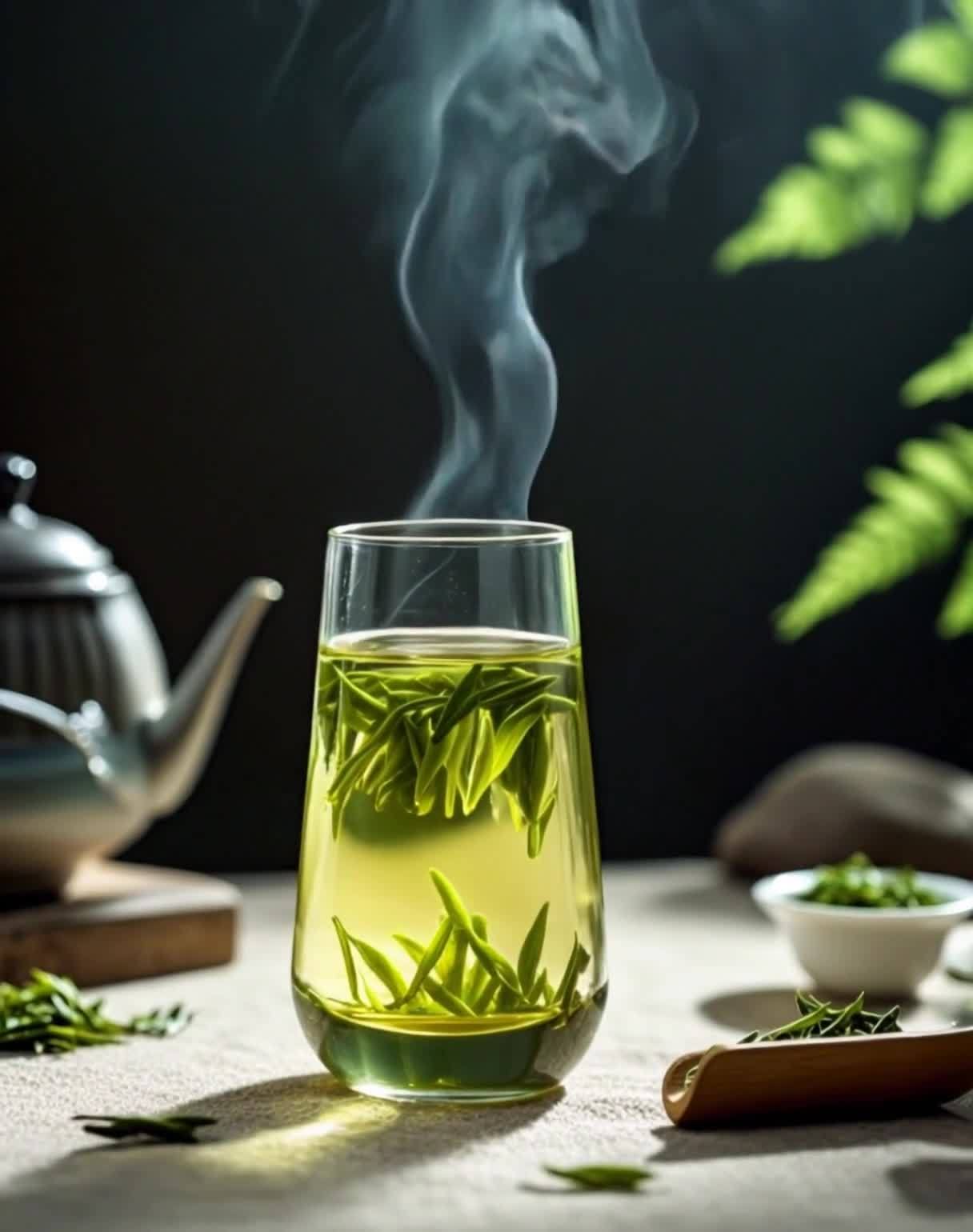 一杯盛着茶叶的玻璃杯，杯中茶叶舒展开来。杯口上方有