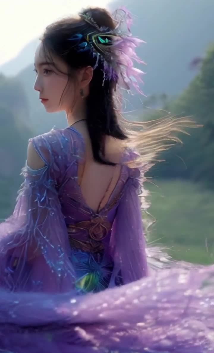 紫衣女子山间流光裙摆舞翩跹
