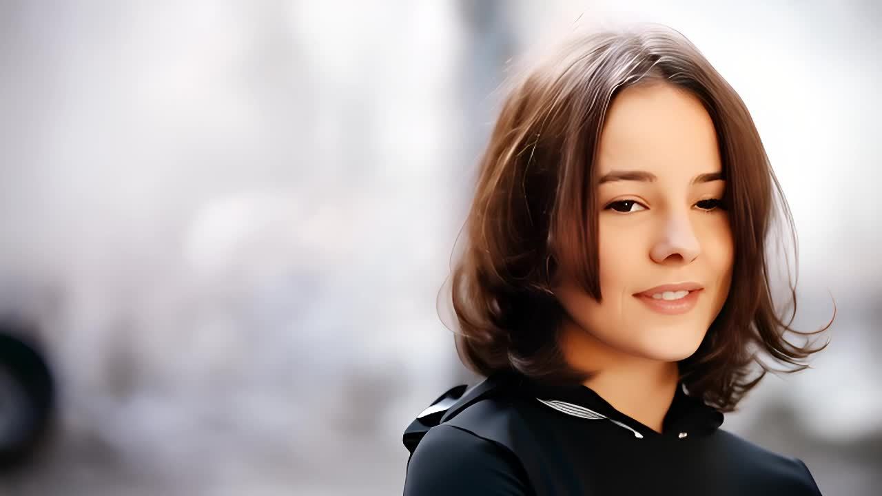 一名年轻女子，棕色短发，穿着黑色上衣，她微微笑着看