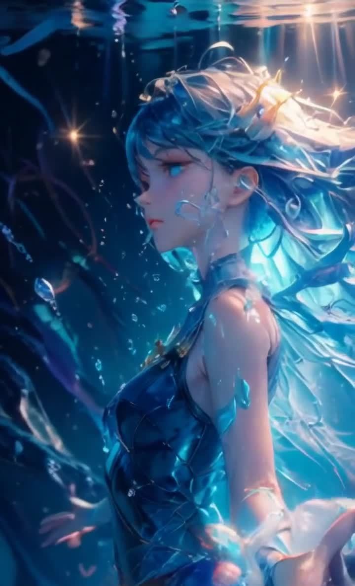 蓝发少女水中凝视，光线穿透，水波流转。