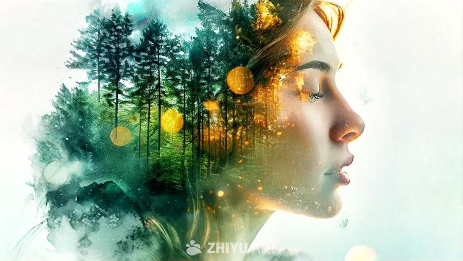 双重曝光摄影，一位美丽的女性，在其上方是森林的水彩