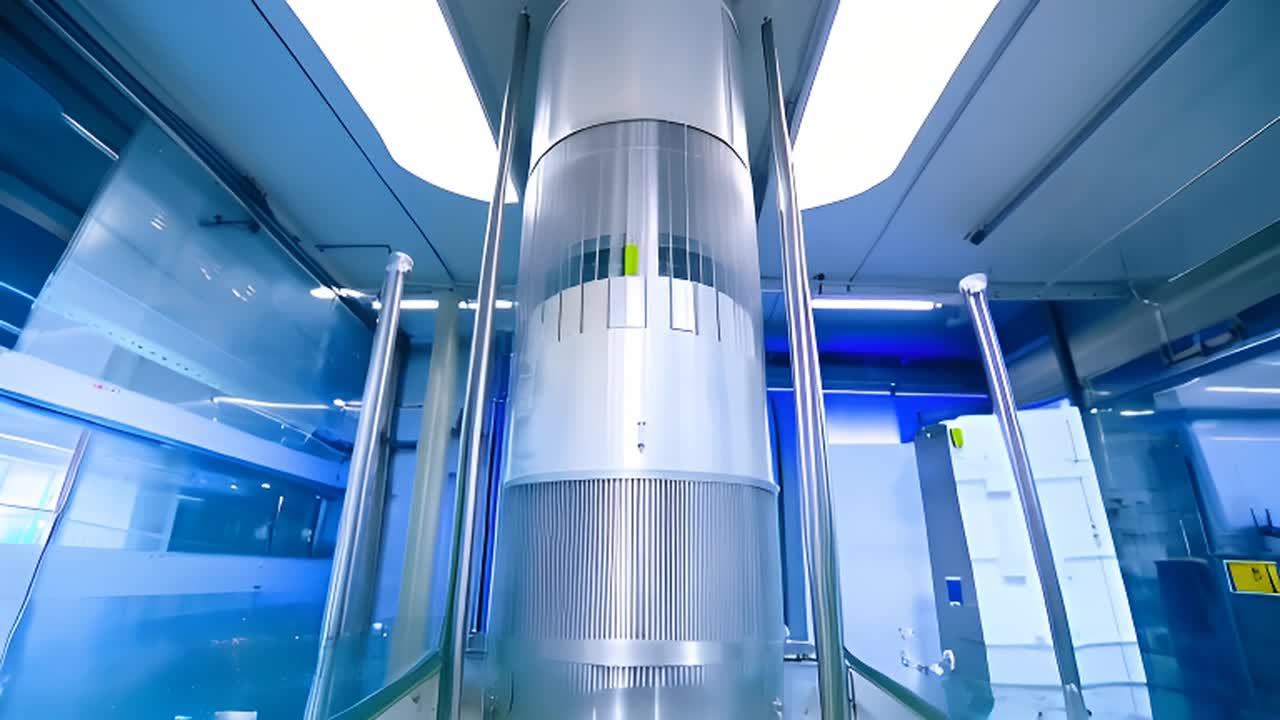 一个圆柱形罐体位于画面中心，罐体配备三个主要入口：