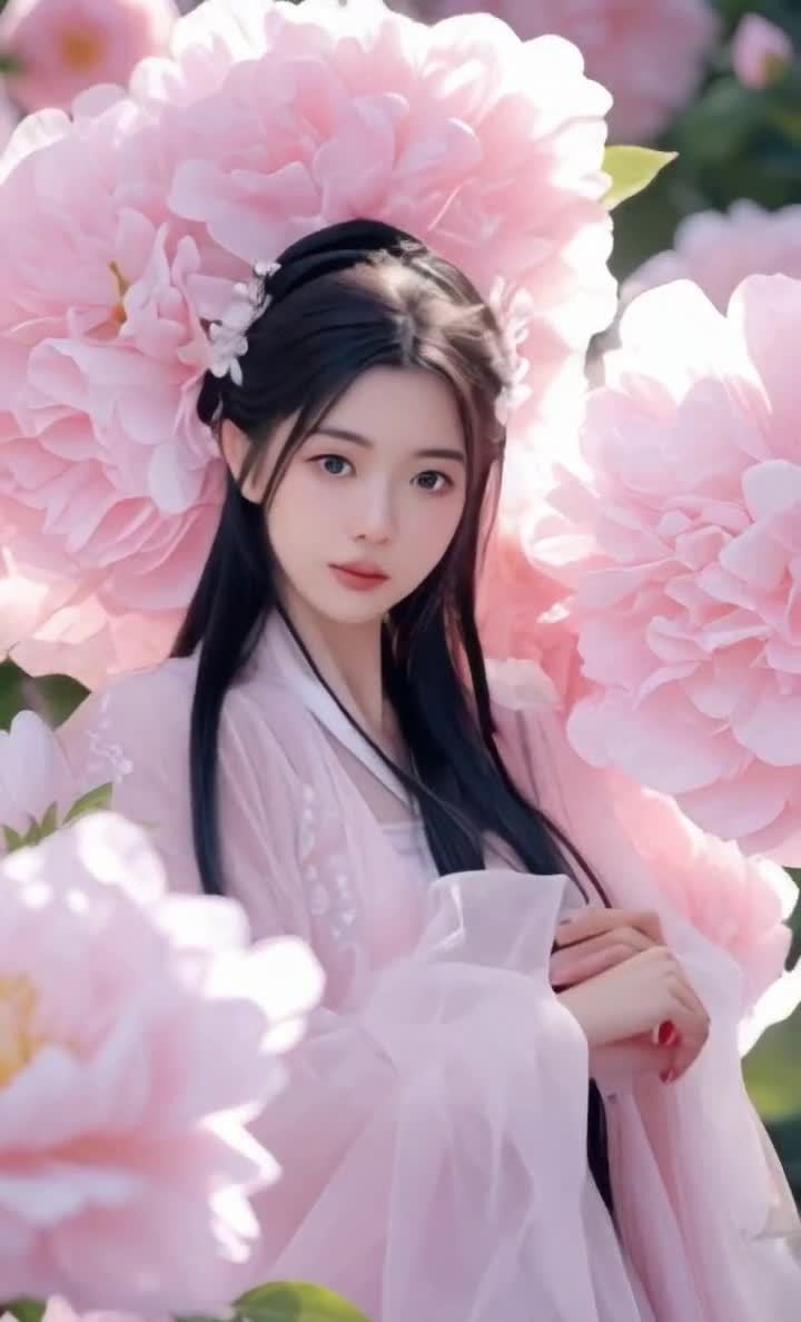 古典美人花丛中，粉色衣衫，唯美浪漫，牡丹花映衬