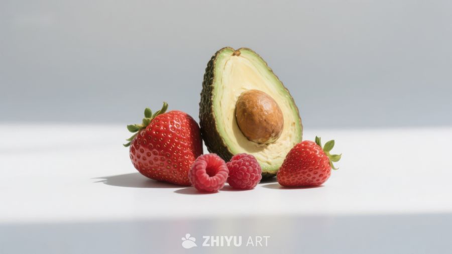 新鲜水果组合：草莓、覆盆子与牛油果