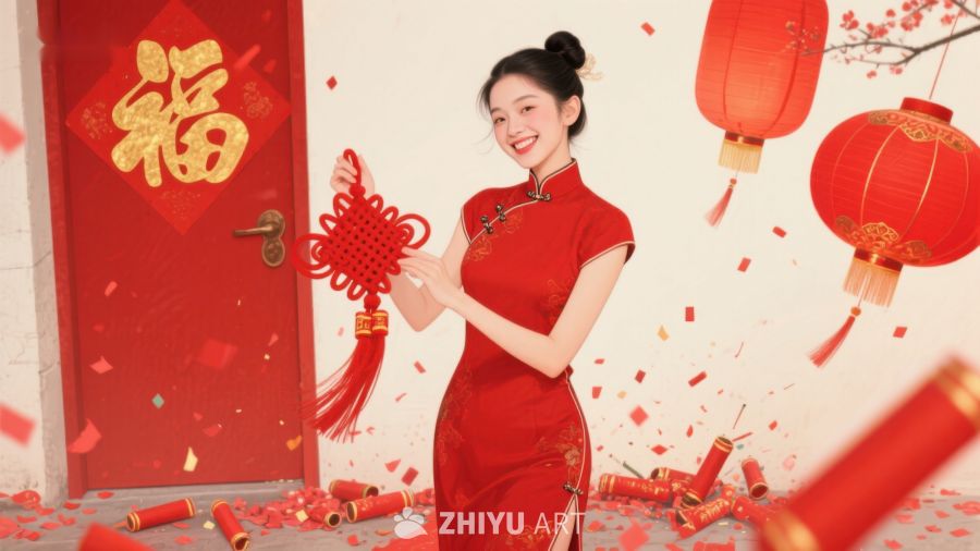 女子身着红色旗袍庆祝节日 700