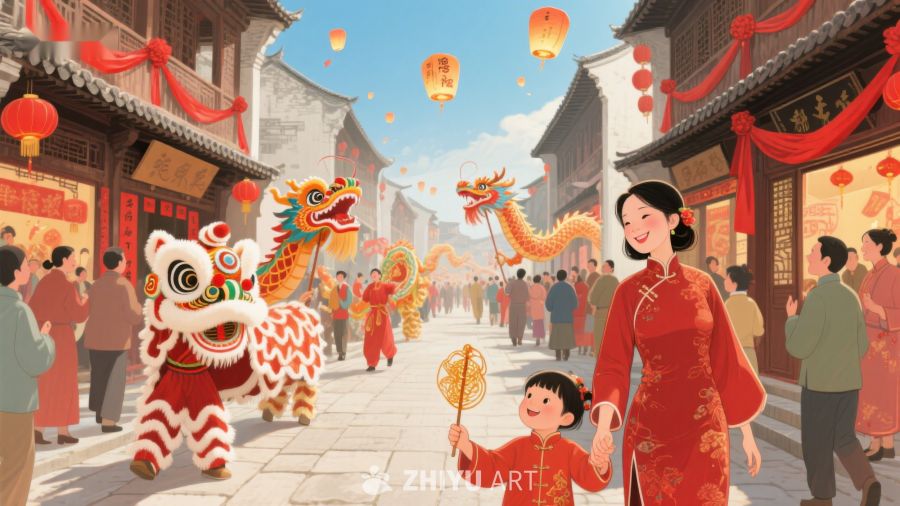 春节街头舞龙舞狮欢庆场景 113