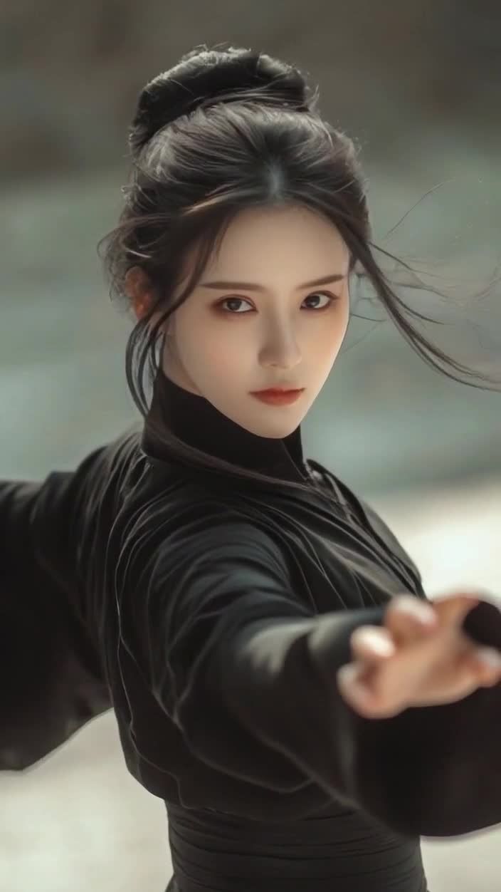 黑衣盘发女子摆出格挡姿势，目光坚毅。