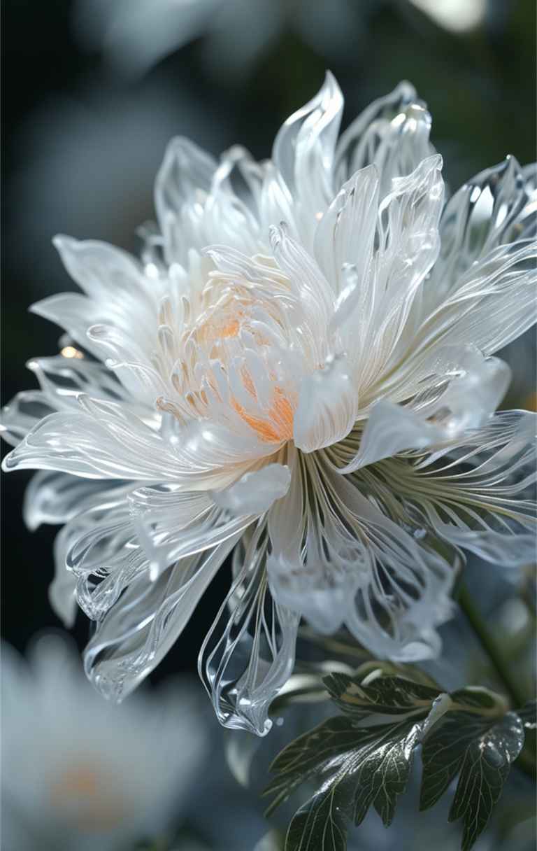 一朵白色艺术花，花瓣透明如水晶 6
