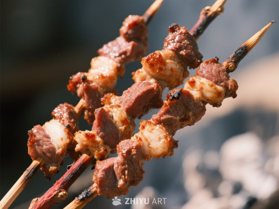 烤肉串上的美味肉块