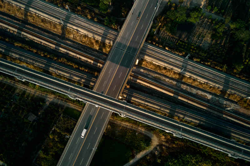 航拍纵横交错的道路交通高铁