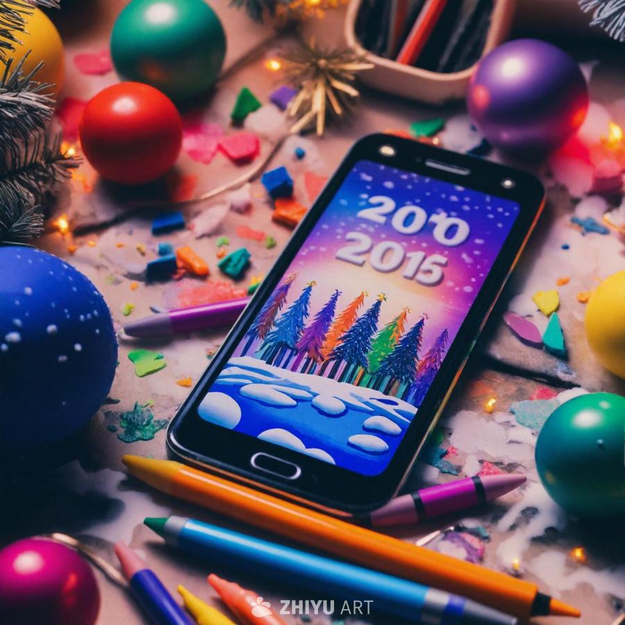 桌面上放置着一部手机，屏幕壁纸显示着雪景。手机周围