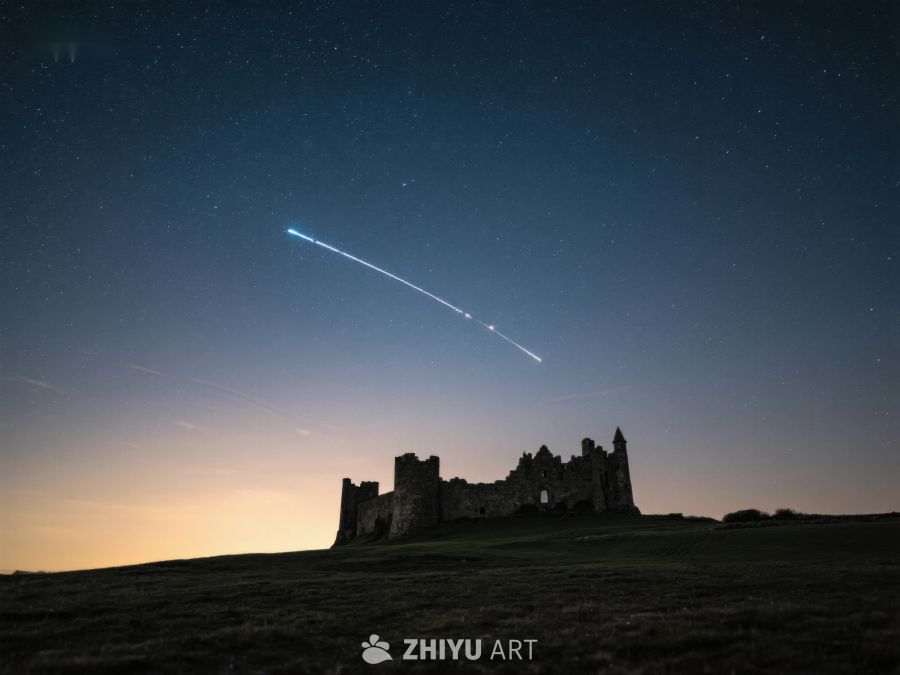 夜空下的古堡与流星轨迹 322