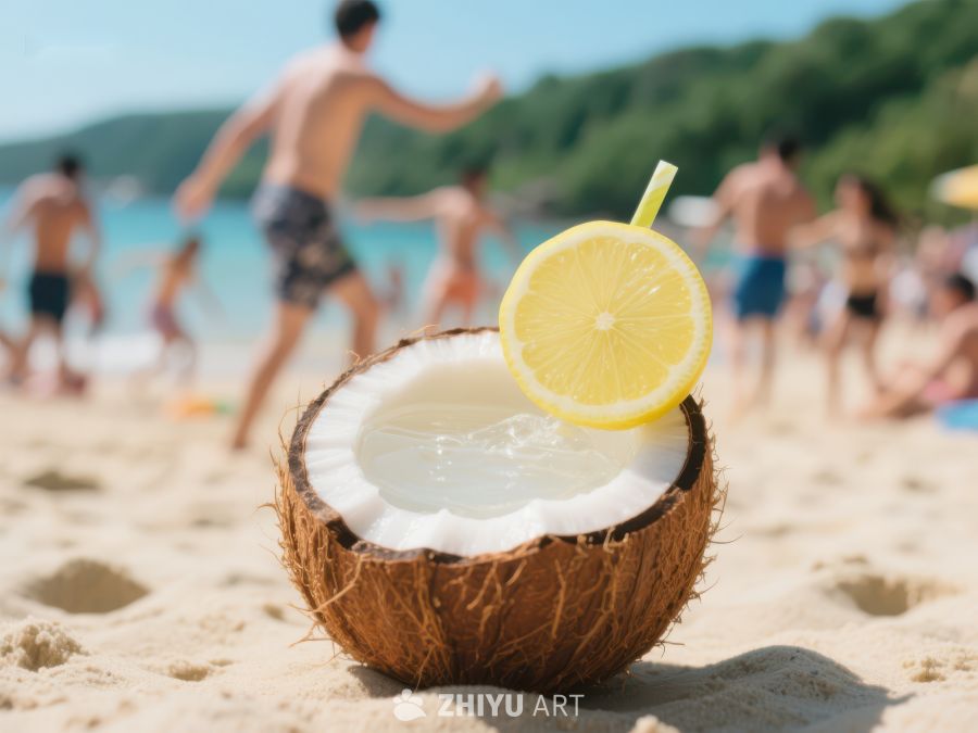 沙滩上的椰子水与柠檬片 506