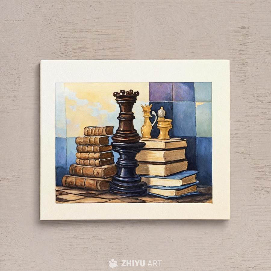画面是一幅绘画作品，展示了棋盘、一摞书和一堆硬币。