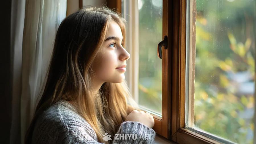 一个女孩站在窗边，她有着金色的长发和灰色的毛衣。她