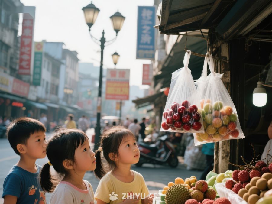 市场街景：孩童注视新鲜水果 471