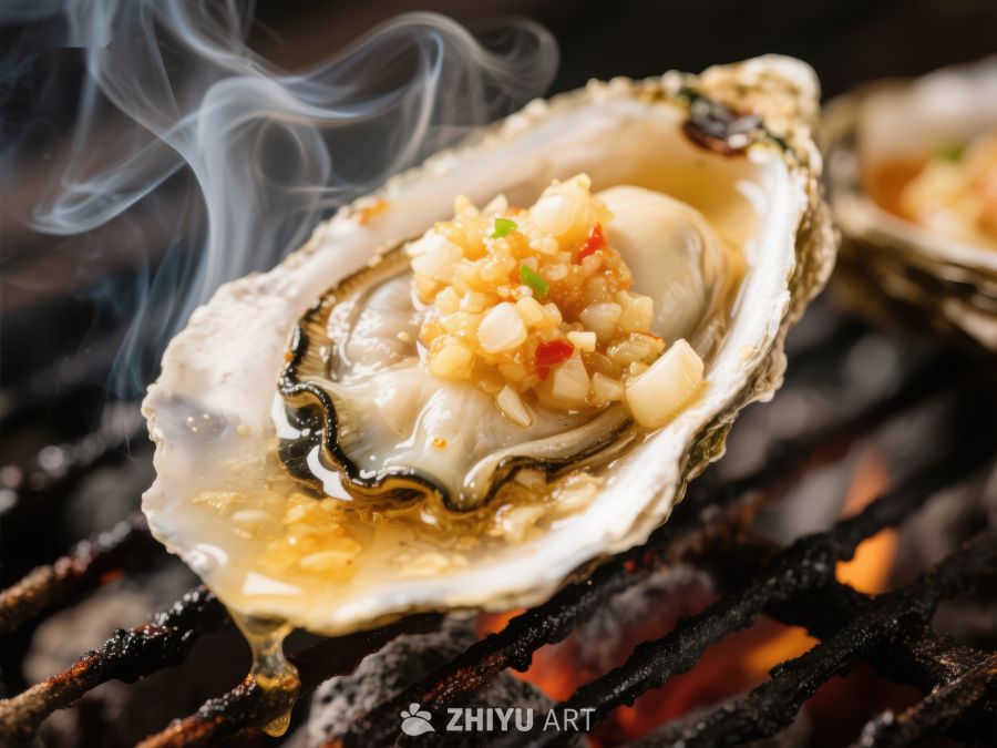 烤生蚝上的蒜蓉香飘四溢