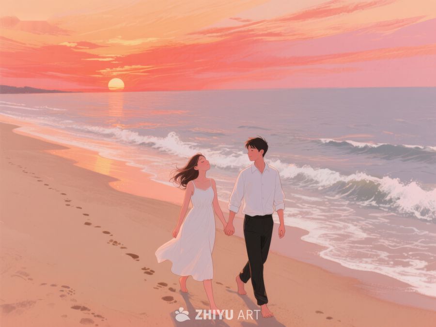 海滩日落下的浪漫漫步 272