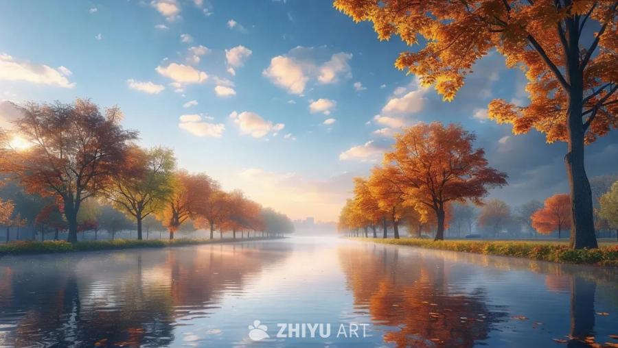 天空晴朗，散布着零星的云朵。河流平静，倒映着天空和