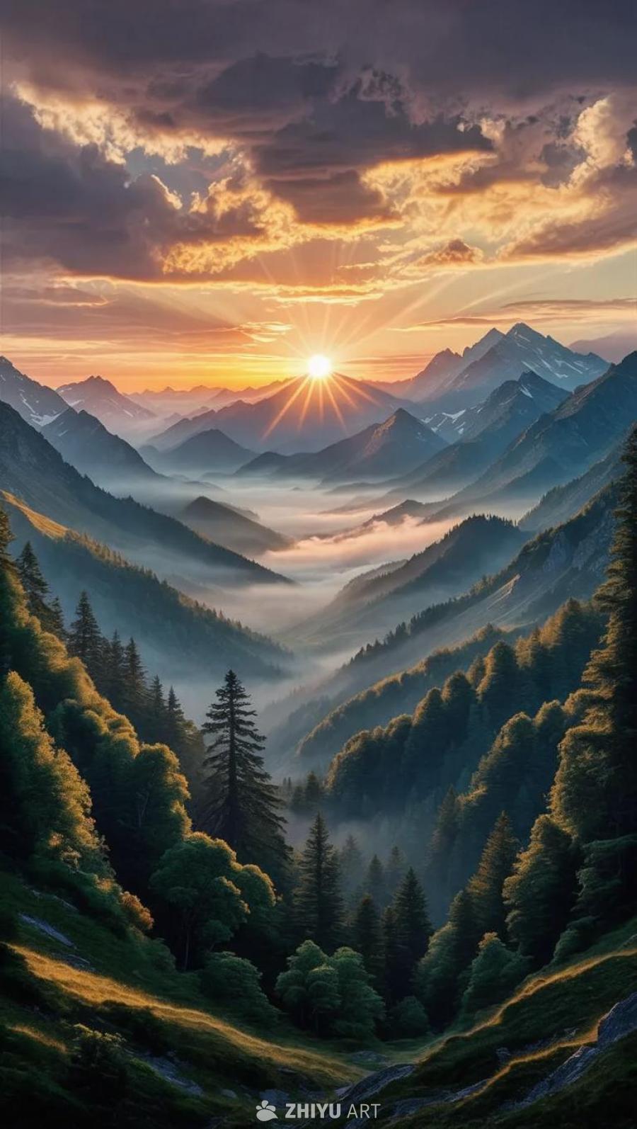 夕阳西下，阳光照射在山脉上，天空呈现出从橙色和黄色