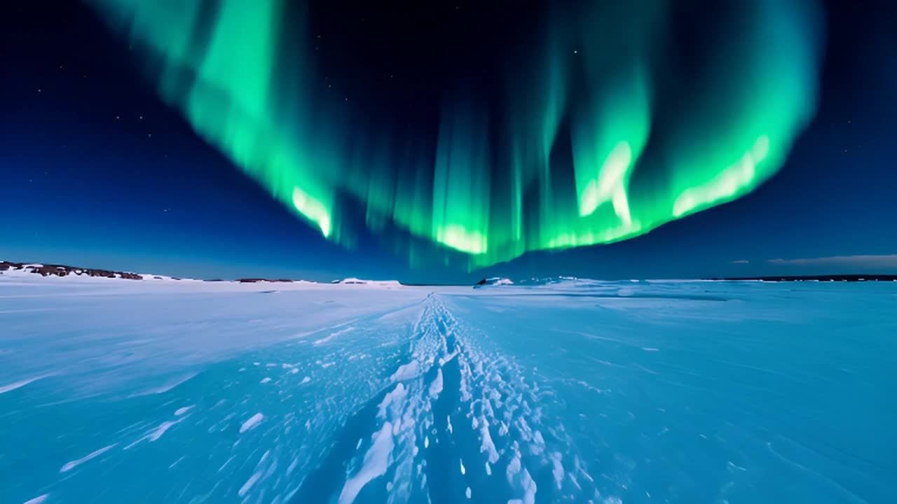 冰雪覆盖的地面上空，壮丽的极光在夜空中舞动，为这片
