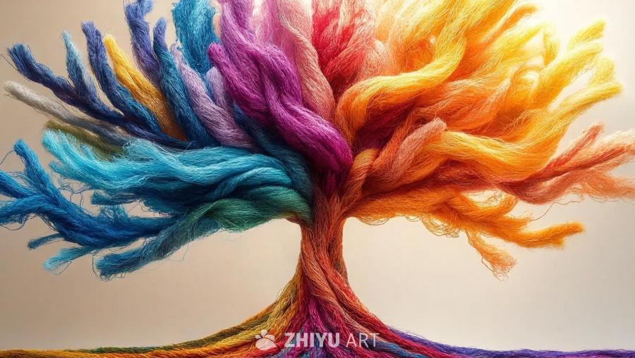 从织布机的各个方向伸出彩色线，编织成一棵复杂的树。
