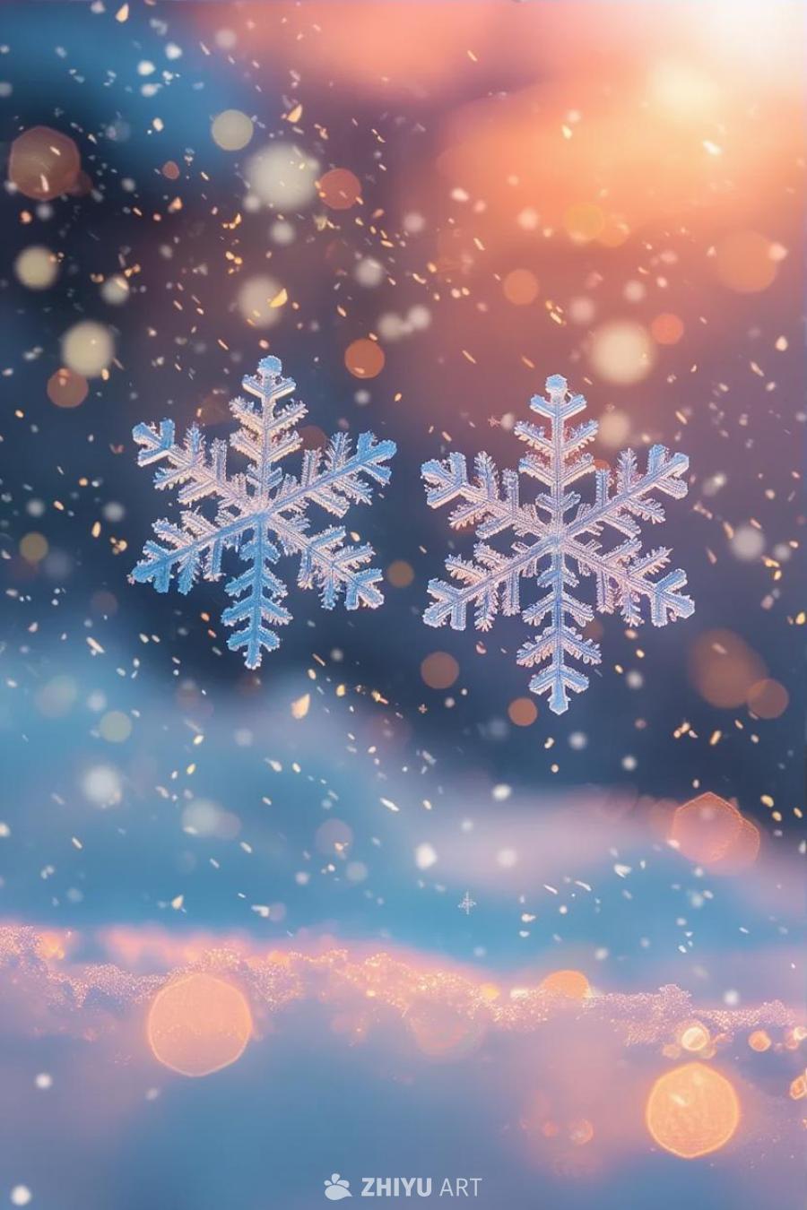 两片独特而复杂的雪花以完美的同步下落。柔和的月光照