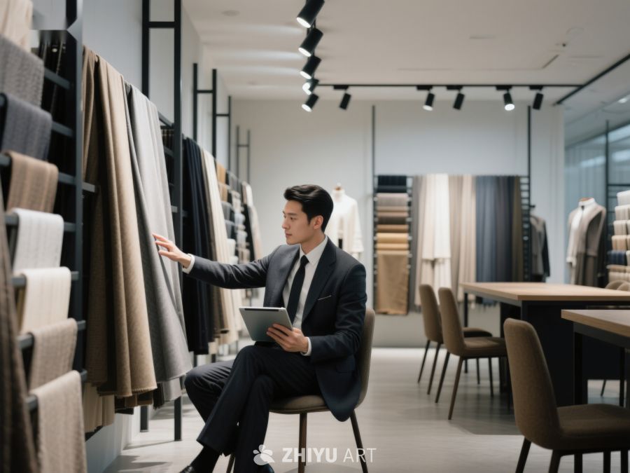 商务男士在面料店挑选布料 332