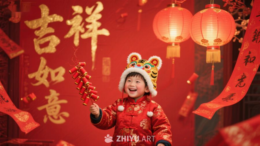 孩童欢庆春节，手持鞭炮笑颜开 260