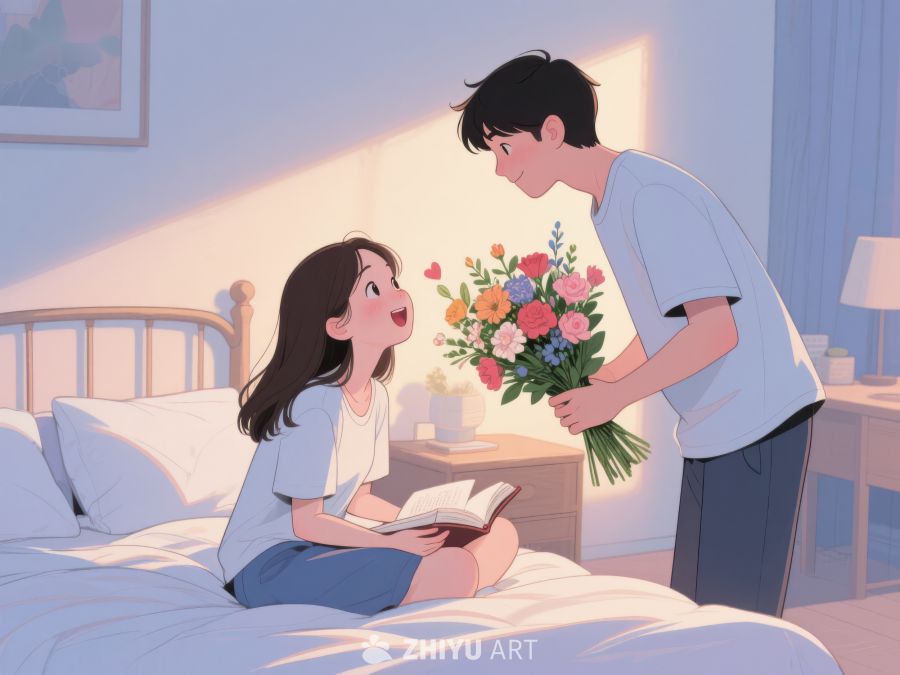 温馨时刻：男孩手捧花束，女孩床上阅读 788