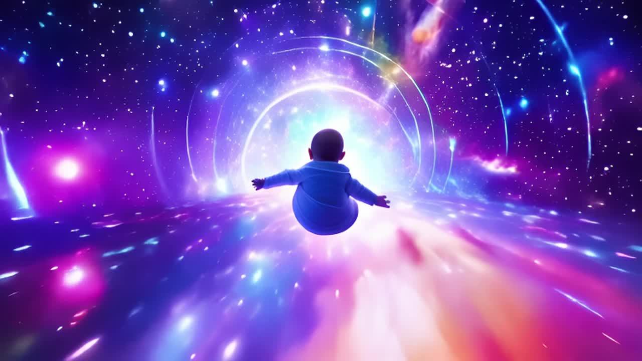 一个婴儿正穿过一个星际之门。该星际之门发出虹彩光芒