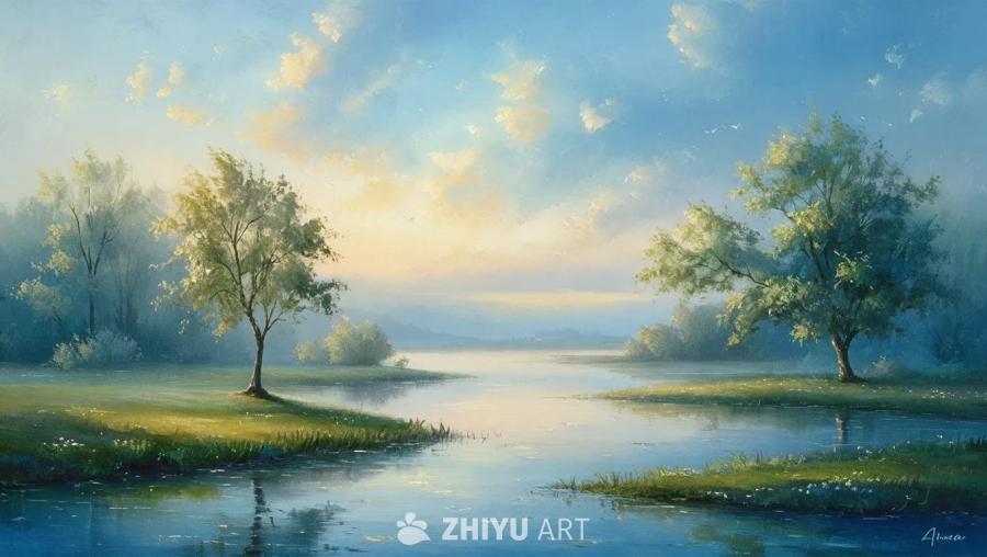 蓝色的水面，绿色的草地，以及几棵树木。远方是朦胧的