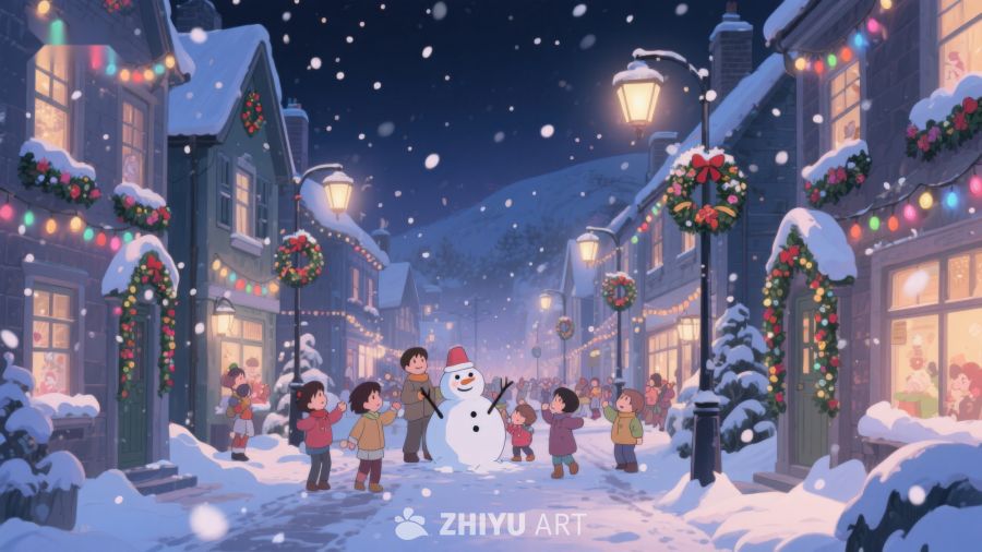 冬夜小镇欢聚雪人 97