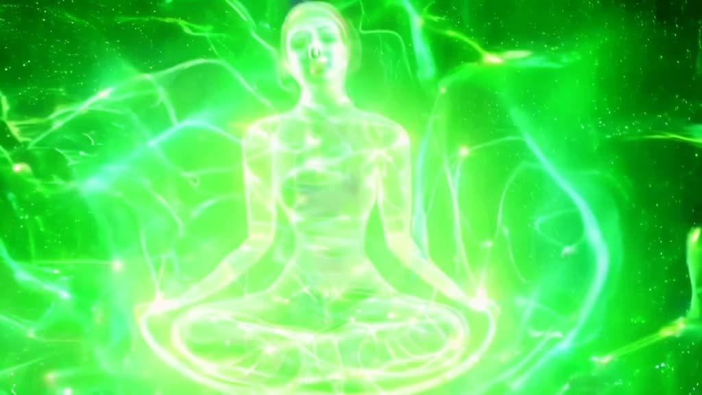一个半透明的女性人体模型，呈冥想姿势漂浮在宇宙空间