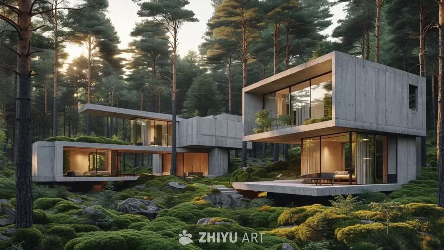 一片宁静的森林景象展开，一簇现代混凝土房屋依偎在高