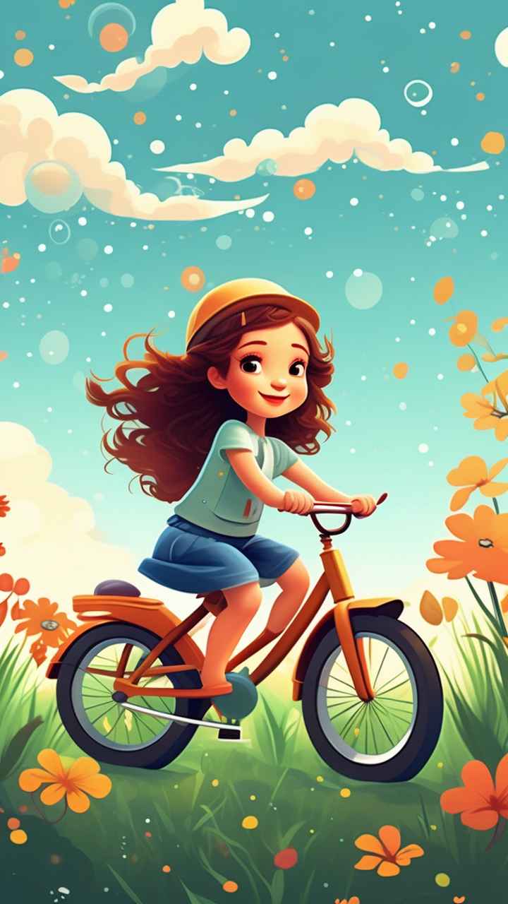 卡通可爱的女孩骑自行车梦幻般的意象 8