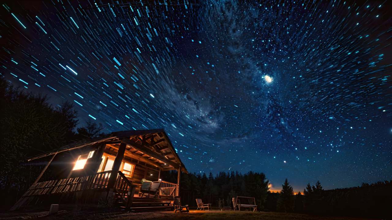 夜晚，星空呈现出变幻的轨迹。一座小木屋坐落在前景中