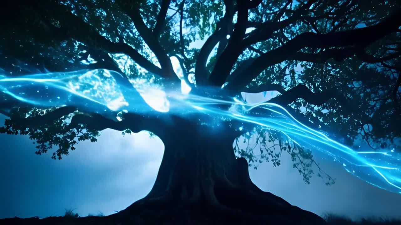 一棵树的周围形成了蓝色的光带，光带呈现出缠绕和发光