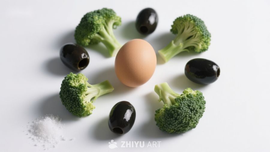 蔬菜蛋橄榄盐组合摆拍