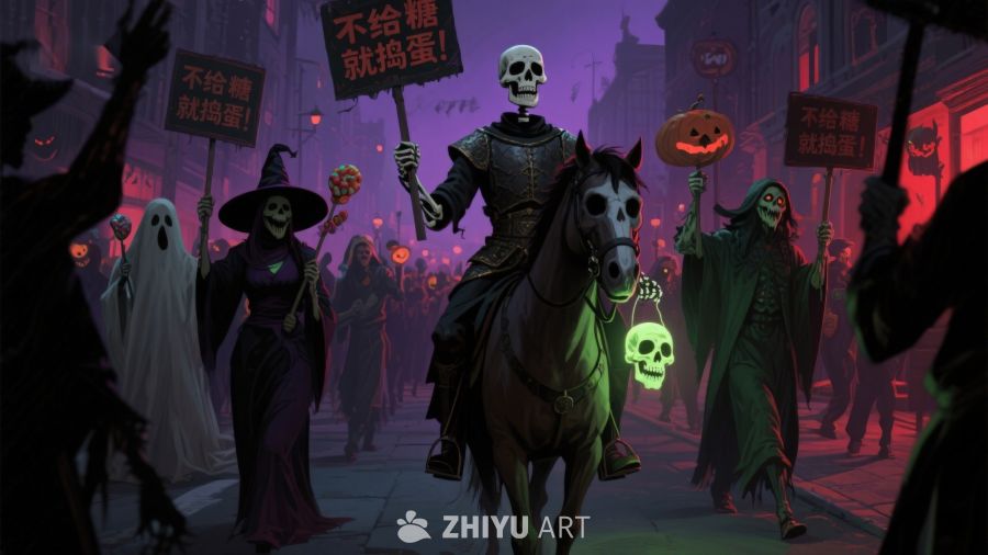 万圣节游行中的骷髅骑士